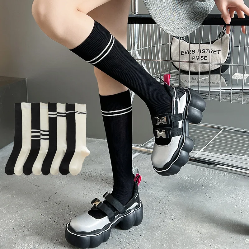 

Double Needle Tube Socks Slimming Korean Version Instagram Tide Black and White Color Spring and Autumn Long Knee-high Socks