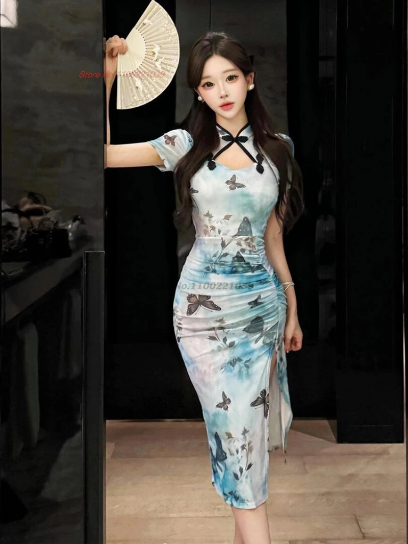 

2026 Китайское сексуальное платье-ципао из сетки и бархата с принтом бабочек, вечернее платье для вечеринок, традиционное сексуальное платье для ночного клуба, ципао, вестидо.