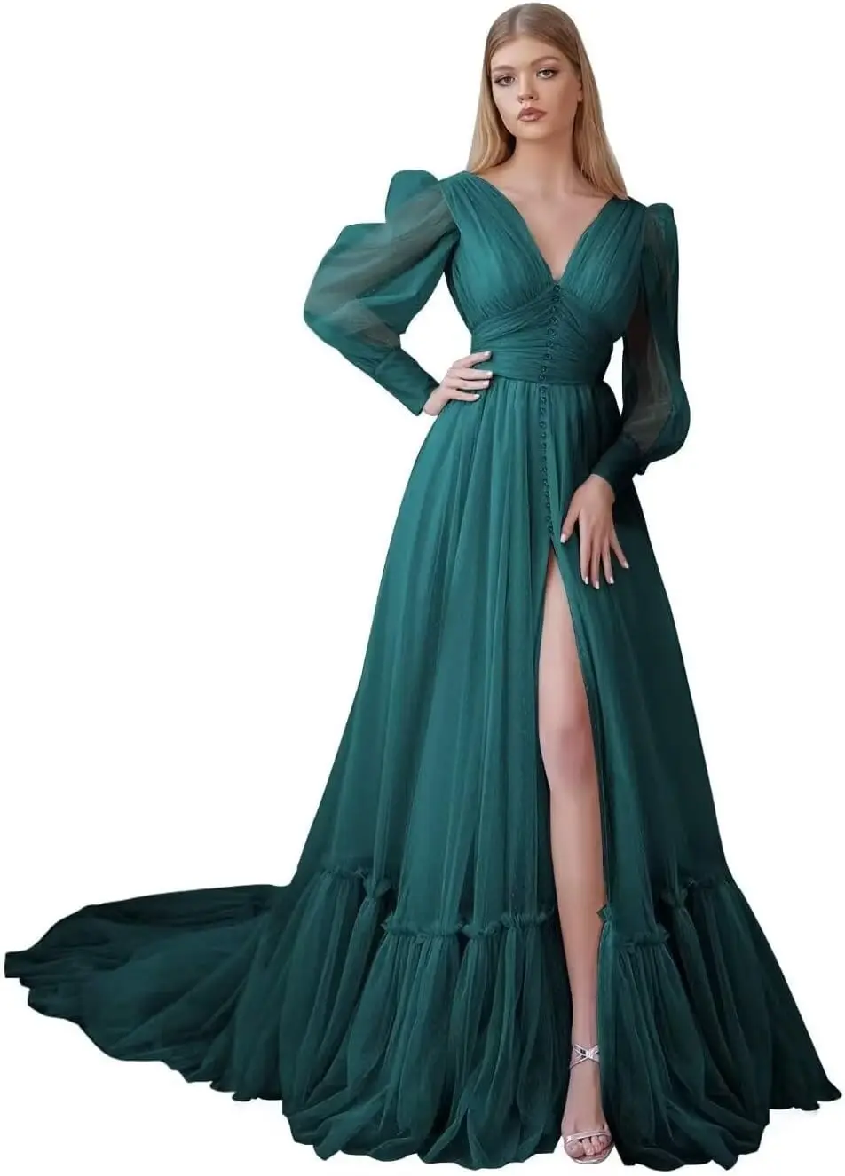 Elegante tule galajurk met V-hals, gezwollen mouwen, lange baljurk met split voor dames, formele avondjurk