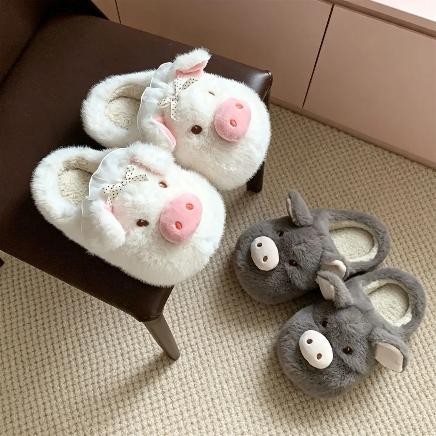 Cute Cartoon Pig Plush Slippers Men Women Winter Warm Closed Toe Home Slippers Soft Sole Non-slip Couple Indoor Cotton Slides