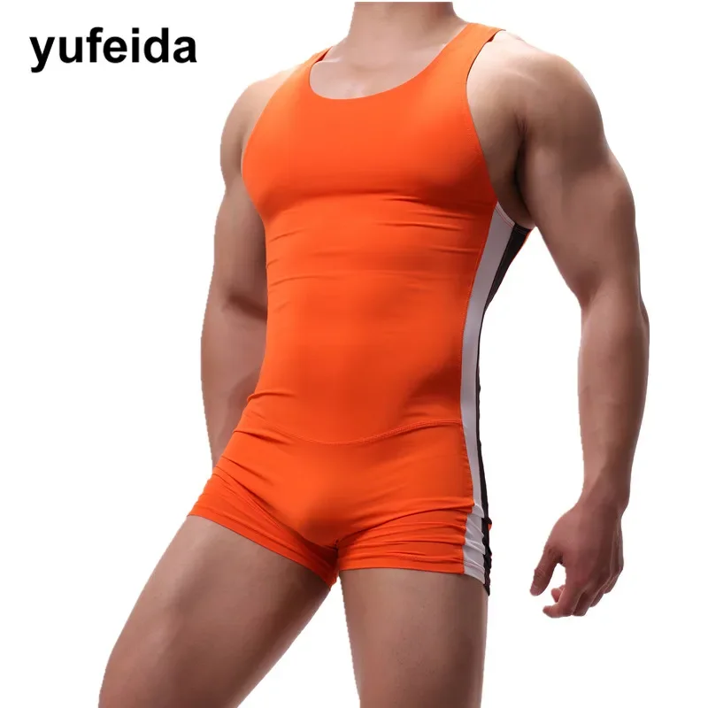 Sexy Mens Undershirts One-piece Leotard Sport Bodysuit Jumpsuit Swimwear Wrestling Singlet Underwear Boxer Shorts U convex Pouch