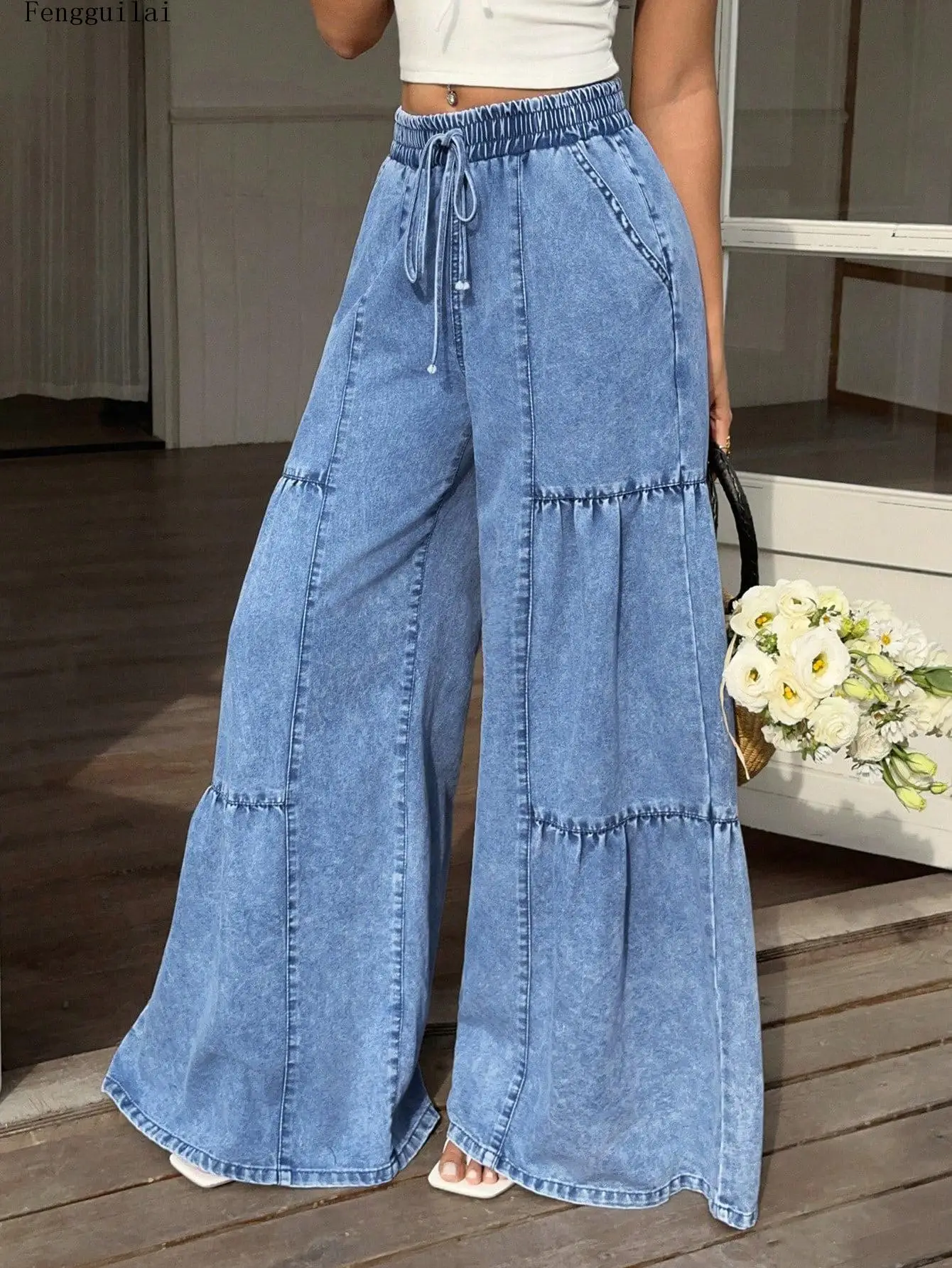 Ladies Lightweight Tiered Flare Denim Pants Elastic Waistband Drawstring High Waist Loose Wide Leg Trousers