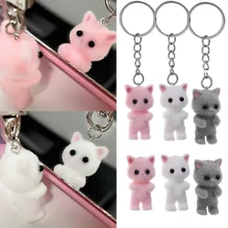 Flocking Lovely Cat Keychain Cartoon Solid Pendant Kitty Keyring Plush Key Chains  Lover Gifts Women Men Car Keys DIY Jewelry