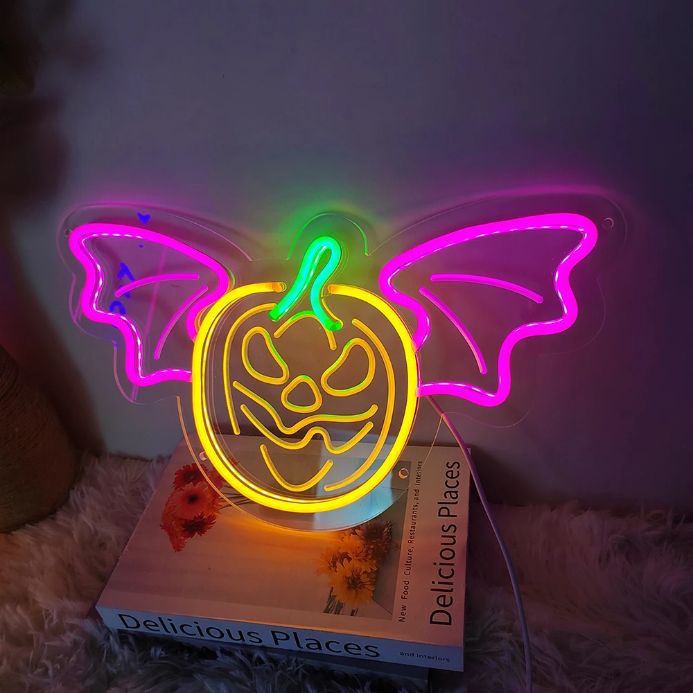 Halloween Pumpkin Neon Sign Bat LED Neon Lights for Wall Decor USB Powered Neon Lights for Bedroom Gifts Christmas Decorations