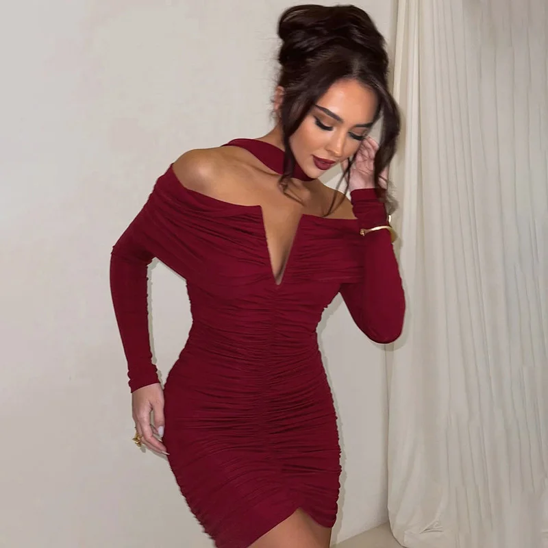 Ticketsx فستان مكشكش مكشوف الكتفين للنساء أحمر يغرق وشاح طويل الأكمام مريلة فستان قصير نحيف موضة جديدة بدون ظهر ملابس الحفلات والنوادي