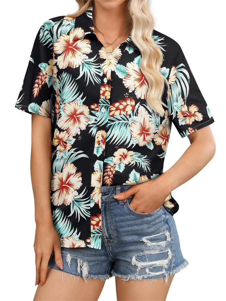 

The 2025 New Women's Short-sleeved Shirt With Black Base And Tropical Plant Print Is A Fashionable And Casual Summer Vacation