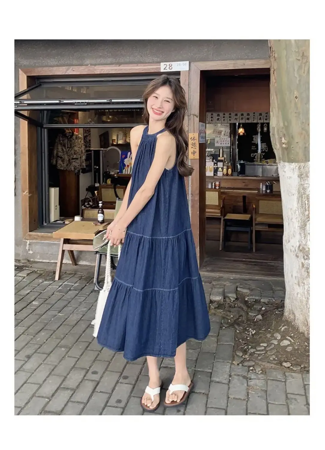 

2024 New Model Vintage Halter Denim Dress Sleeveless Off-Shoulder Multi Ruffles Cake Dresses French Holiday Style Dress