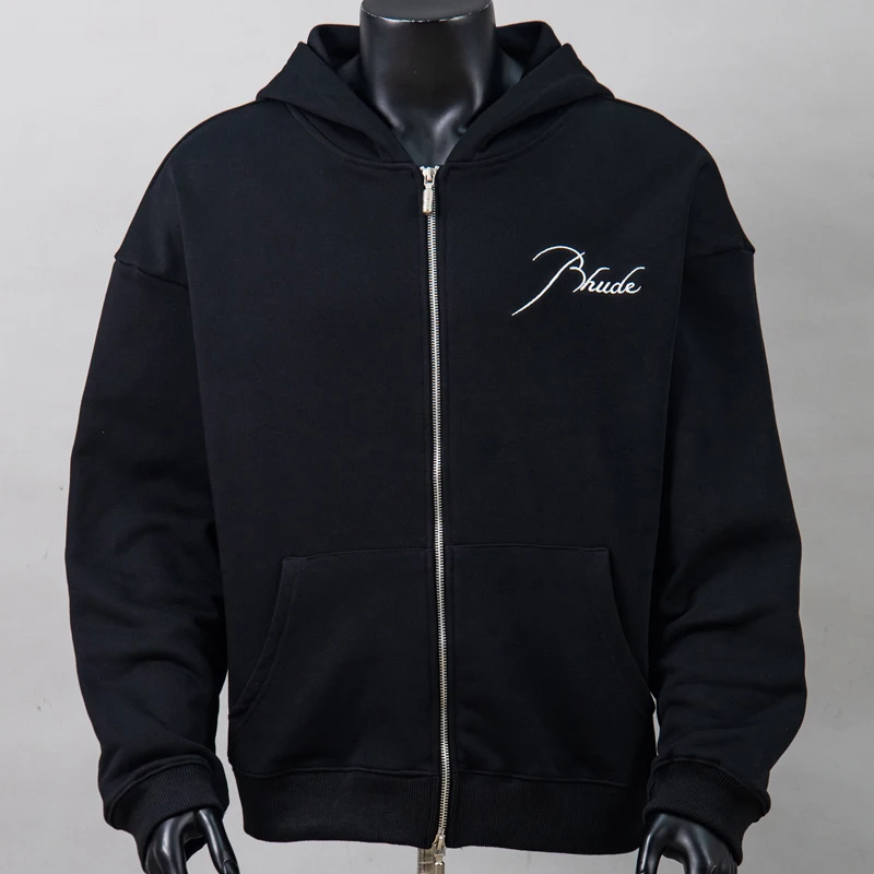 High Street Trend Men's Women's Casual RHUDE Zipper Cardigan American Style Embroidered Printed Loose Heavyweight Sweatshirts