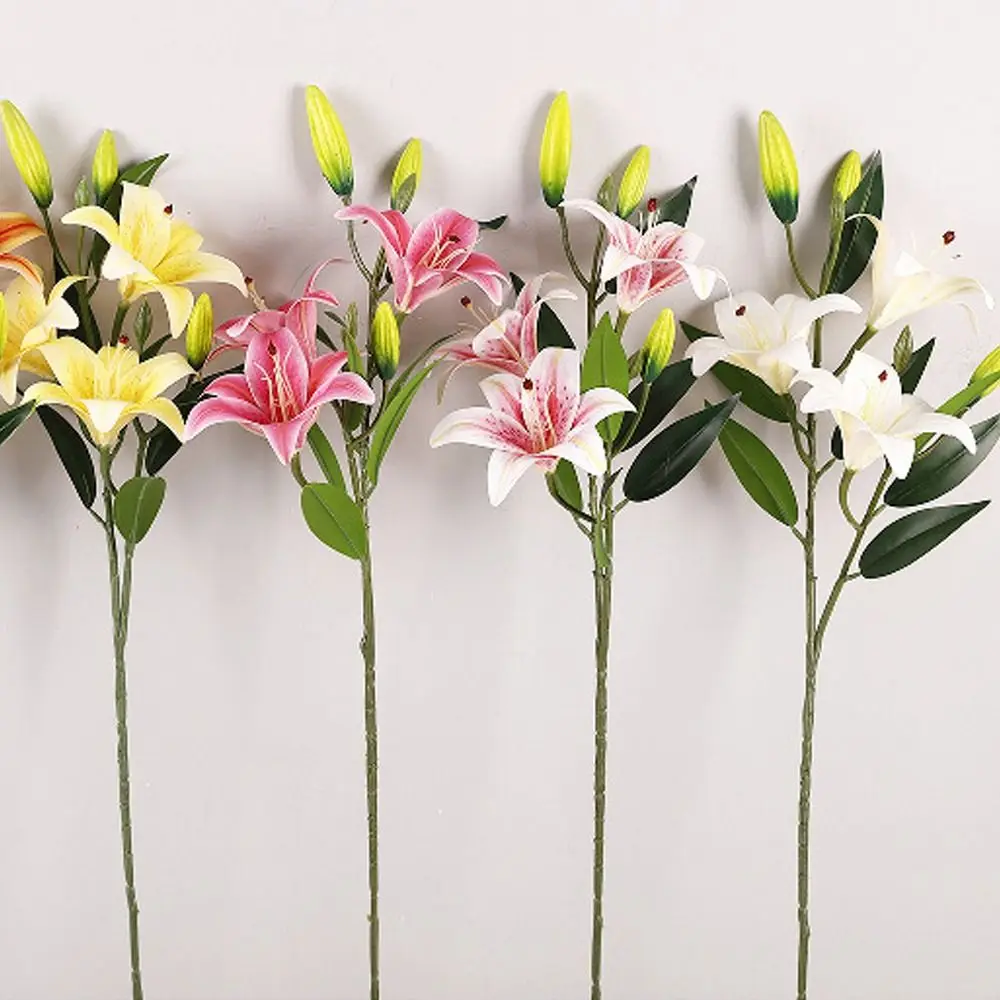 

80cm Artificial Flower Branch Real Touch Plastic Silk Lilium Brownii Flower Handmade Elegant Fake Flowers Outdoor Garden Decor