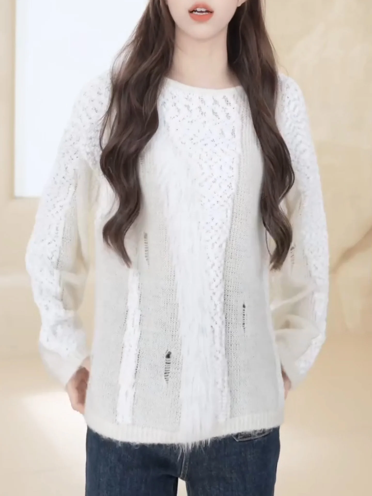 

Sweet Design Sense Sweater Lazy Sle Hollow out Fringe Autumn Winter Women's White Loose Agel Knitted irt Korean Sle