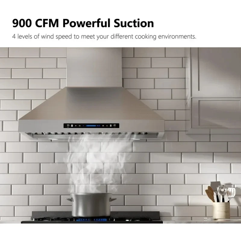 36-inch Wall Mount Range Hood, Kitchen Chimney Vent Stainless Steel with Gesture Sensing & Touch Control Switch Panel