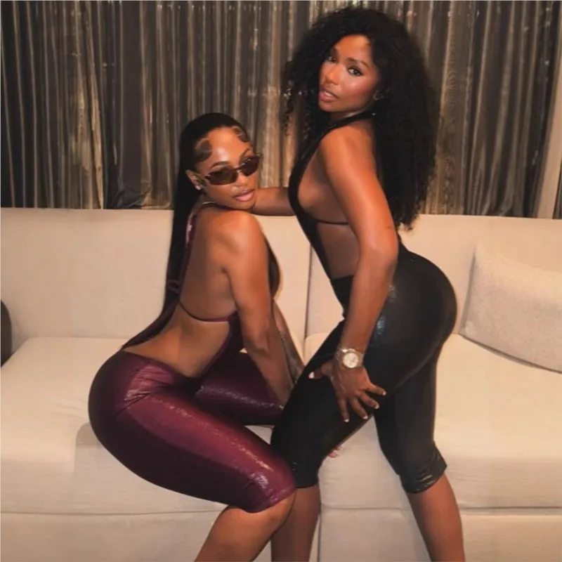 Sexy Slim 2 Piece Set Women Black Thin Light Deep V-neck Backless Sleeveless Jumpsuit Top +Half Pants Suit Club Party Streetwear
