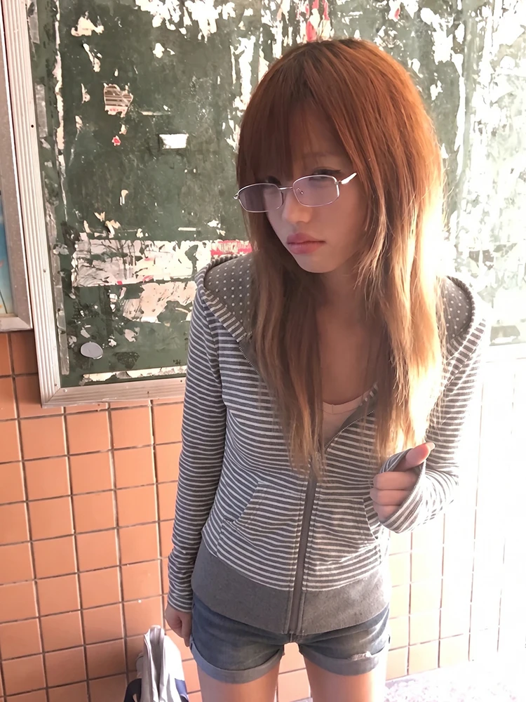 Tonngirls Y2k Japanische gestreifte Kapuzenpullover für Damen, langärmelig, Vintage-Oberteile, Streetwear, amerikanische Retro-Kapuzenpullover mit Reißverschluss, Fairycore 2000er Jahre – Detail 6