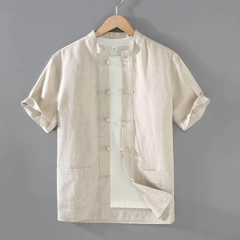 Pure Linen Short Sleeve Shirt Vintage Button Stand Collar Loose Thin Breathable Men's Summer Casual Wear Big Size Tang Costume