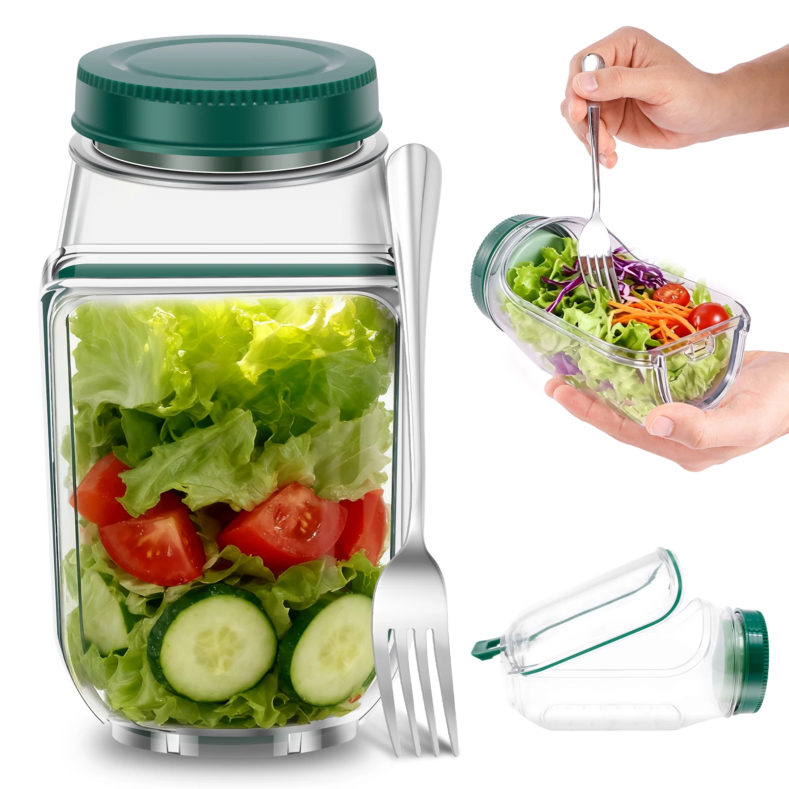 

Salad Pod Salad Jar Portable Side-Opening Lid Lunch Box with Stainless Steel Fork Leakproof Keep it Fresh Food Container