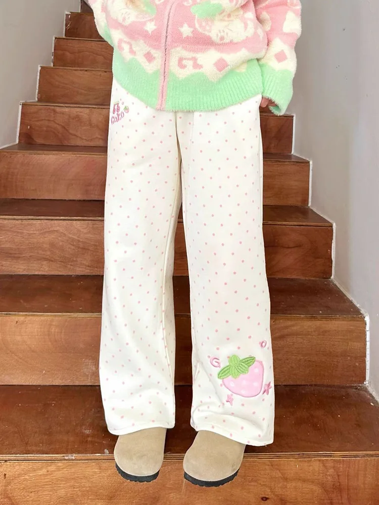 Kawaii Sweet Wide Leg Pants Women High Waist Cute Strawberry Embroidery Trousers Japan Preppy Style Female Spring Casual Pant - Image 3