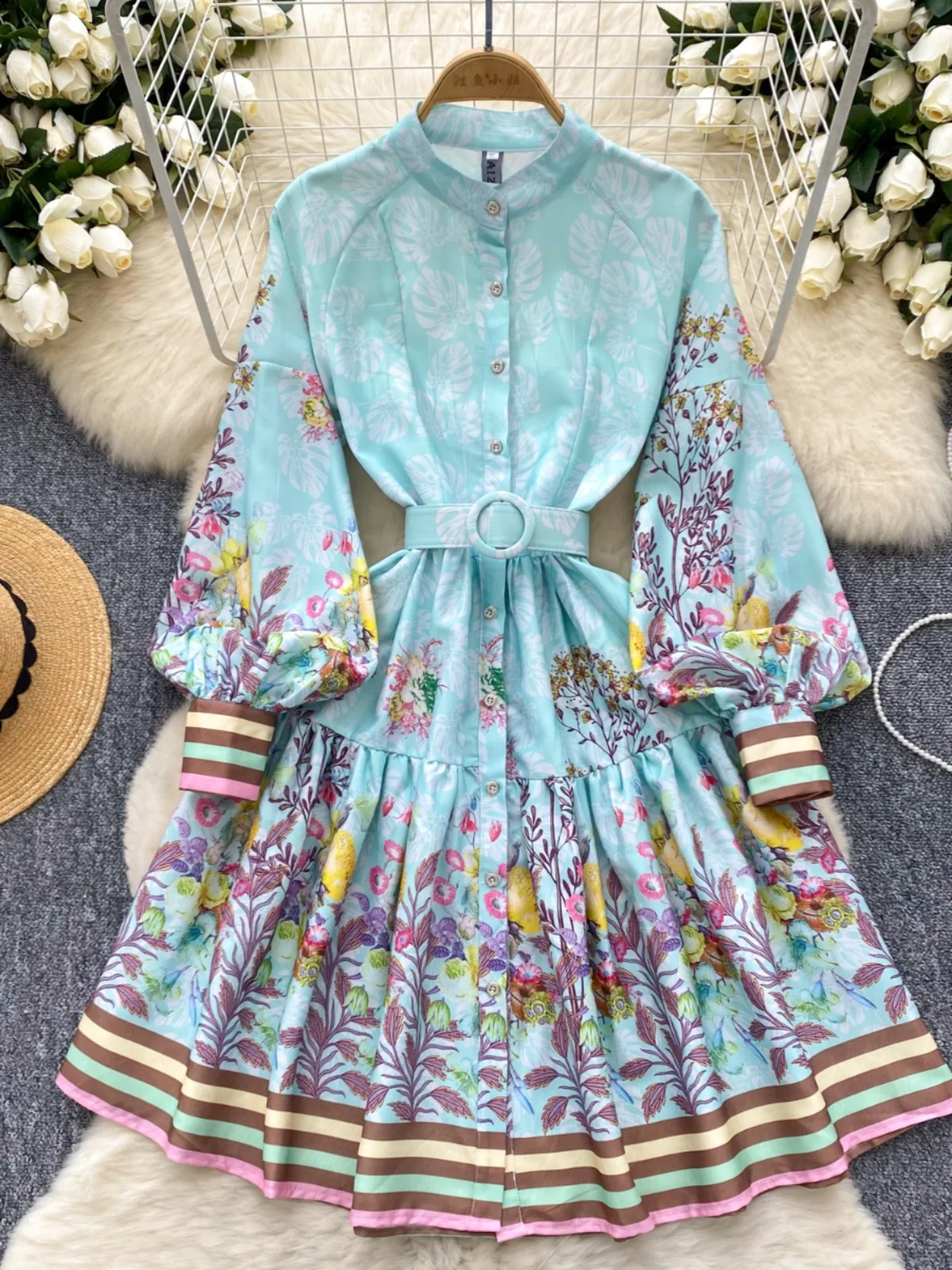 Gagaok 2024 Autumn Dresses Women America Retro Stand Collar Lantern Sleeve Print Midi Dress Casual Slim Waist Vestidos De Mujer