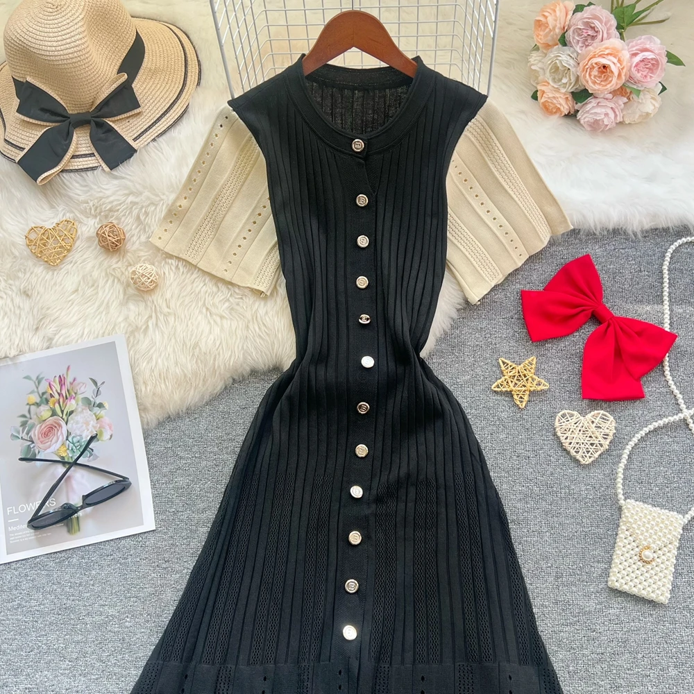 YuooMuoo Chic Fashion Elegant Knitted Long Dress 20256New Summer Vintage Patchwork Black Shirt Dress Brand Office Lady Vestidos