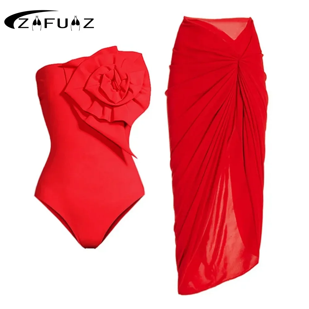 

ZAFUAZ 2023 New Sexy 3D Flower Off Should Bikini Solid Red Swimwear Skirt Women Luxury One Piece Swimsuit Beach Bathing Suit