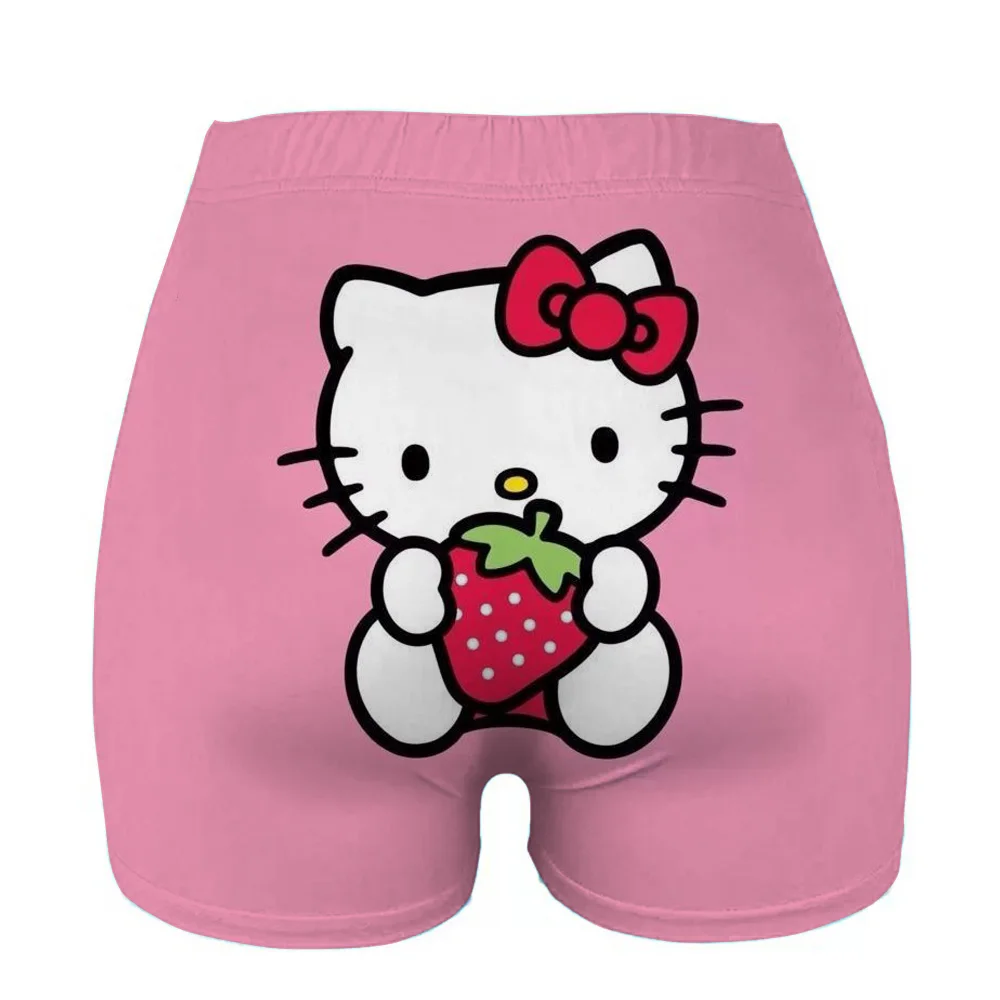 여성 여름 신상 캔디 컬러 안티 헬로키티 프린트 스키니 반바지 캐주얼 여성용 밴딩 허리 비치 코렌도 반바지