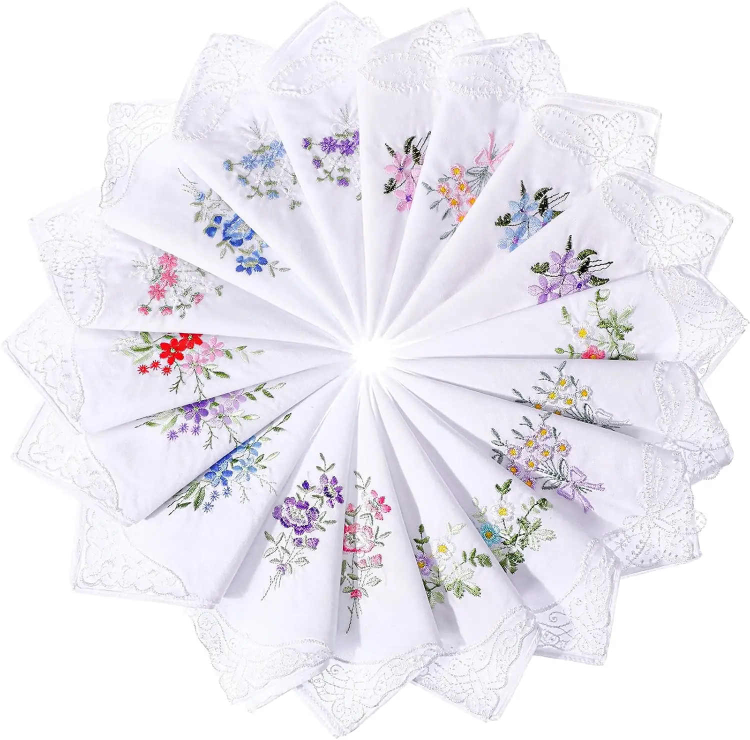 

18 Pieces Ladies Cotton Handkerchiefs Flower Embroidered with Lace Colored Handkerchiefs for Women Mother Fresh Styles
