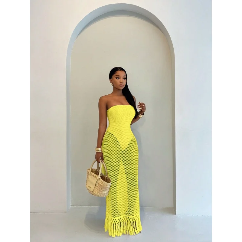 Damen Trägerloses Maxikleid aus Mesh mit Ausschnitten, Strick und Quasten, langes Kleid, Sommer-Strand-Cover-up, Tube-Bodycon-Kleid für Urlaub und Party – Detail 3