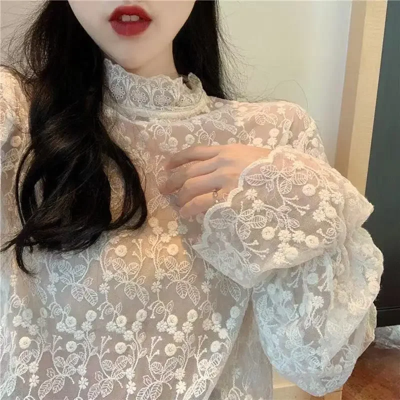 Lace Shirt for Women New Spring and Autumn Mesh Shirts Lace-Collared Blouse Long Sleeve Bottoming Shirt