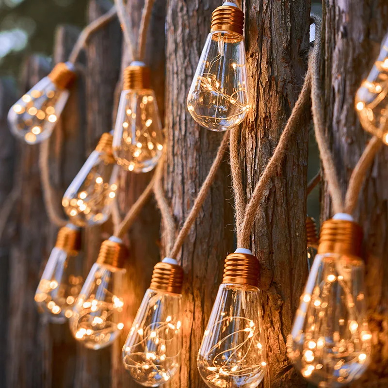 Solar-powered hemp rope string LED outdoor garden waterproof copper wire bulb lights