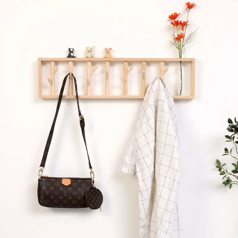 Retro Nordic Solid Wood Coat Rack with Flower Vase Hat Clothes Wall Hanger Shelves for Living Room Hallway Furniture Corridor