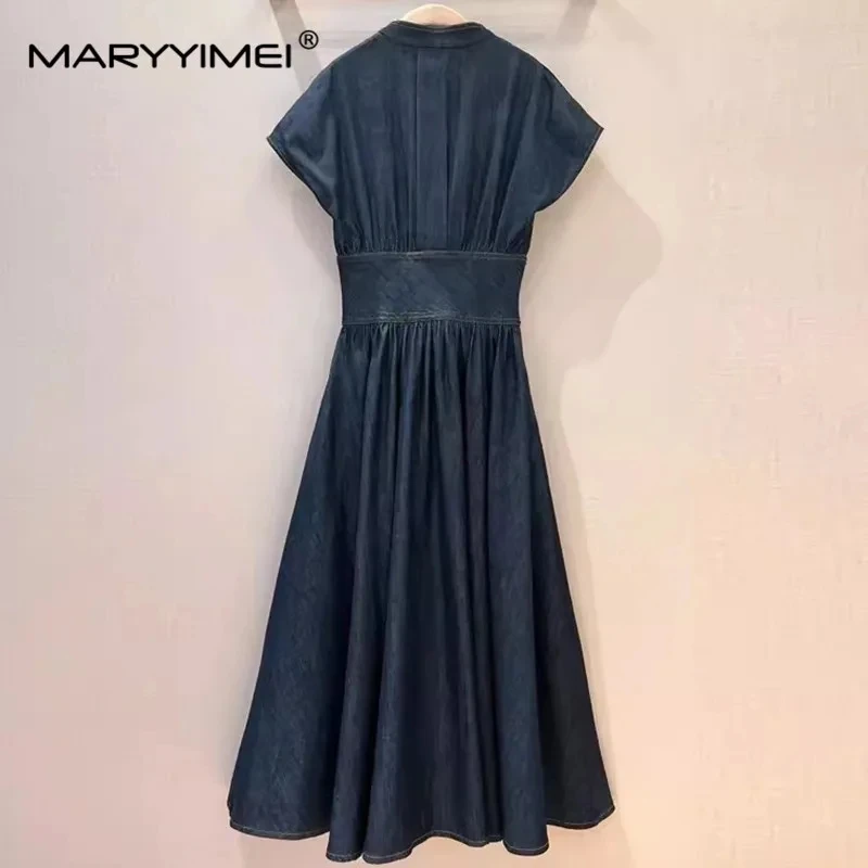 MARYYIMEI Fashion Designer Spring Summer women\'s Cotton Short Sleeve Single-Breasted Folds Streetwear Dark Blue Denim Dresses