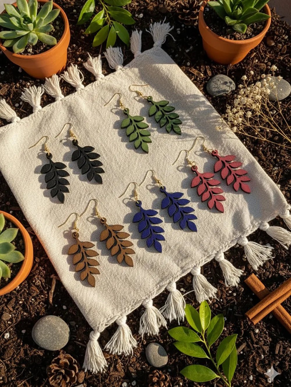 5 Pairs/Set, Women's Fashionable Dangle Earrings, Colorful Leaf and Plant-Shaped Wooden Earrings, Pastoral Bohemian Minimalist Style Earrings, Suitable for Everyday Wear, Vacations, Gift-Giving, Holidays and Any Occasion view 3