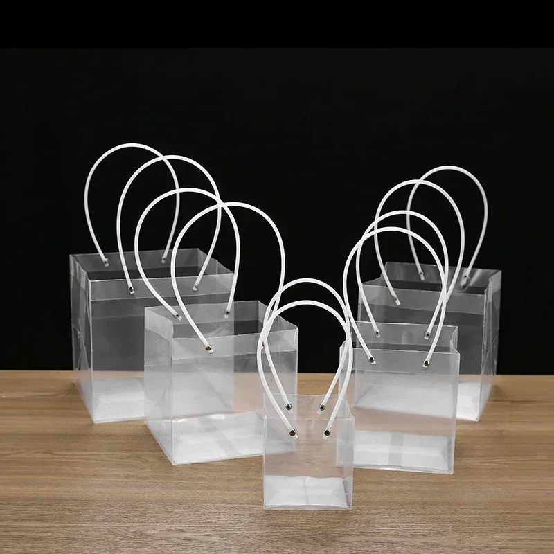 

10pcs PVC Transparent Portable Flower Packaging Bag Square Trapezoid Handle Festival Gift Plastic Waterproof Storage Pack Bags