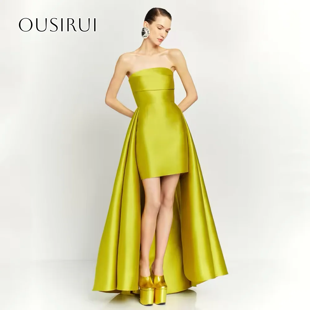 

Strapless A-line Satin Cocktail Dresses High-low Ruffled Sleeveless Customized платье на выпускной