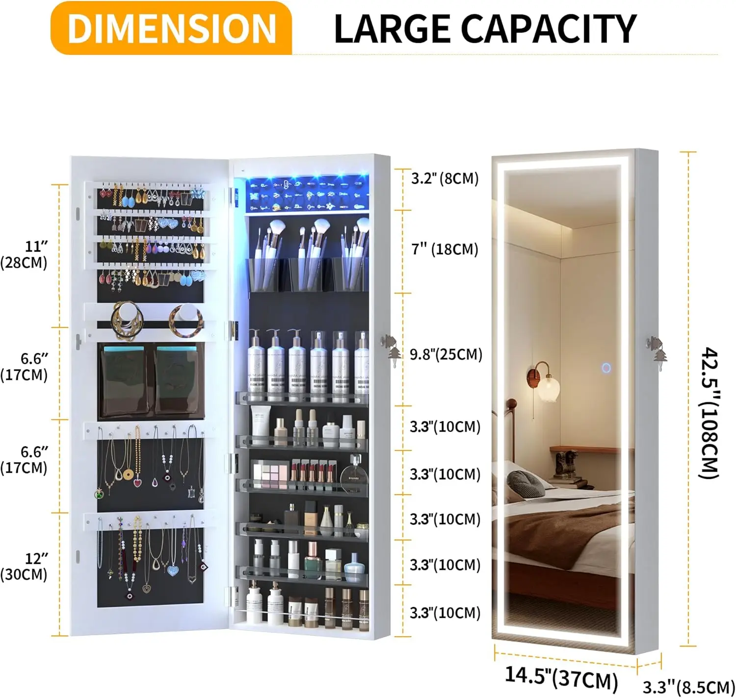 LED Mirror Jewelry Cabinet, Wall/Door Mount Jewelry Armoire Organizer with Lights, Full Length Mirror with Jewelry Storag