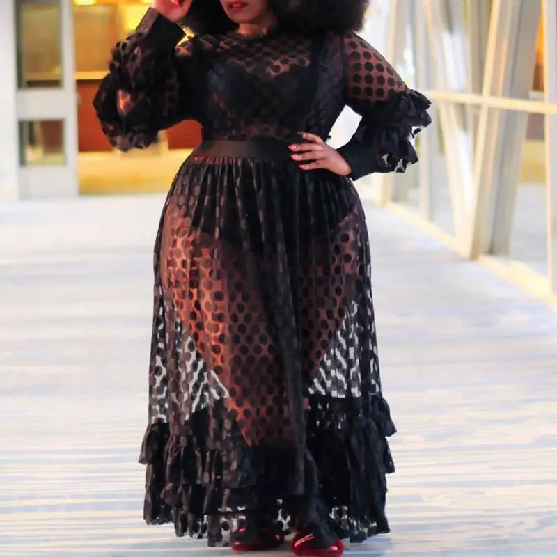 

Dress Women Plus Size Sexy Long Dresses Elastic High Waist Transparent Black Mesh Dress Elegance Lace Wholesale Dropshipping