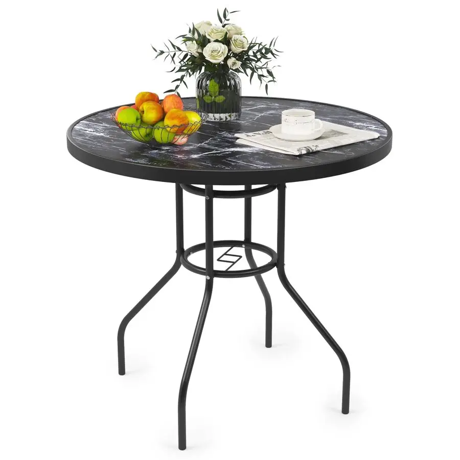 Table 80cm Patio Table with Parasol Hole Marble Grain Tempered Glass Top Round Outdoor Dining Tables Round Bistro Tables