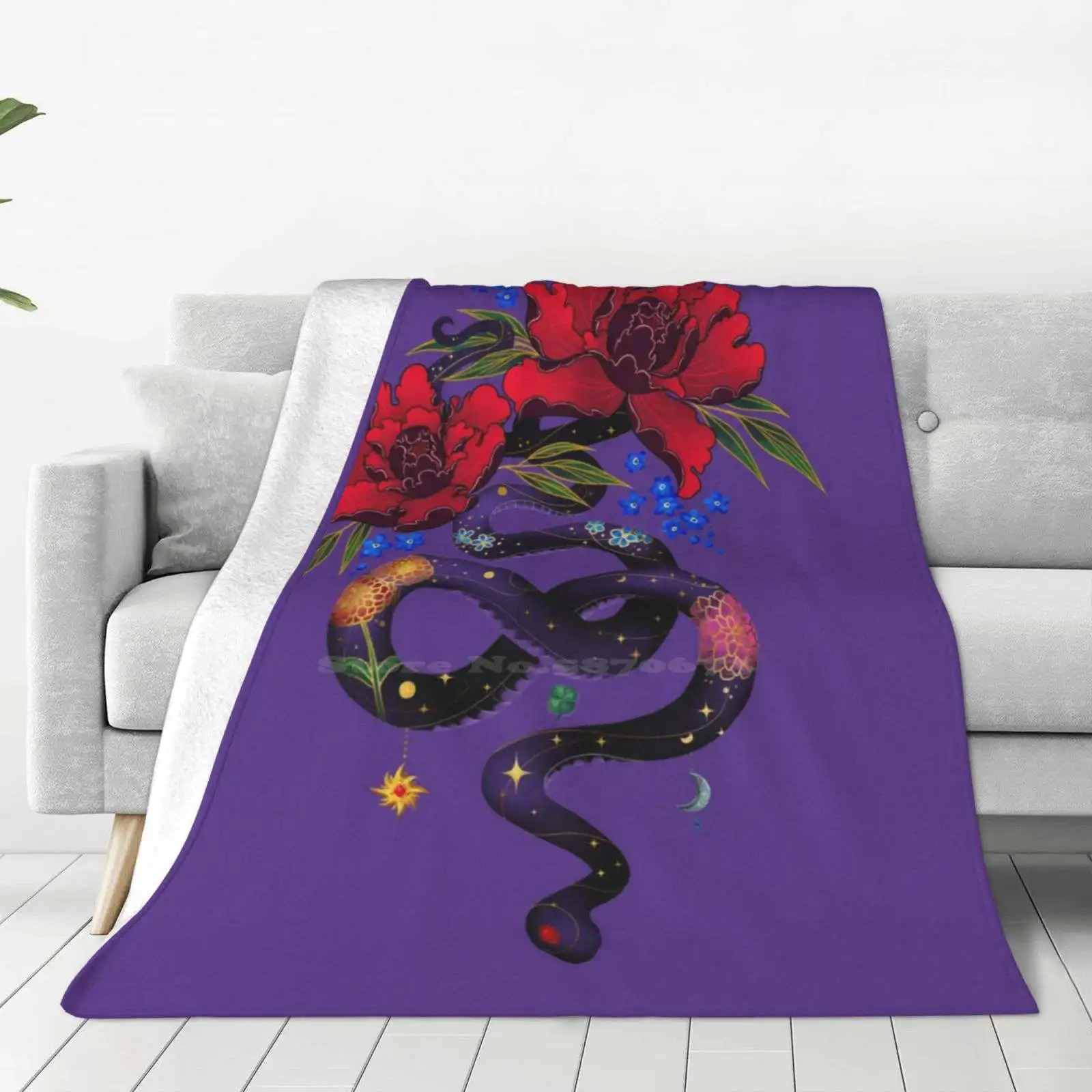 Mollymauk Snake Peony Flowers Tattoo Hot Sale Printing High Qiality Warm Flannel Blanket Mollymauk Tealeaf Snake Floral Peony