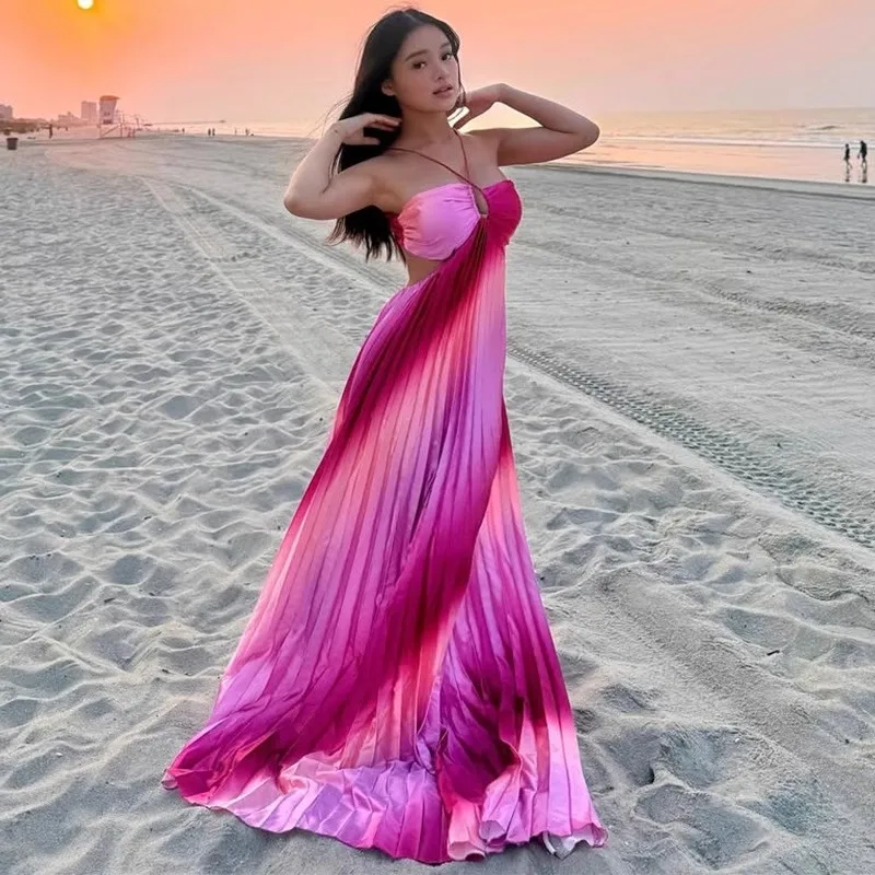 

Summer Vacation Sleeveless Backless Dress Women Lace-up Runway Design Streetwear Chic Vestidos Bodycon Pleated Maxi Cloth Lady