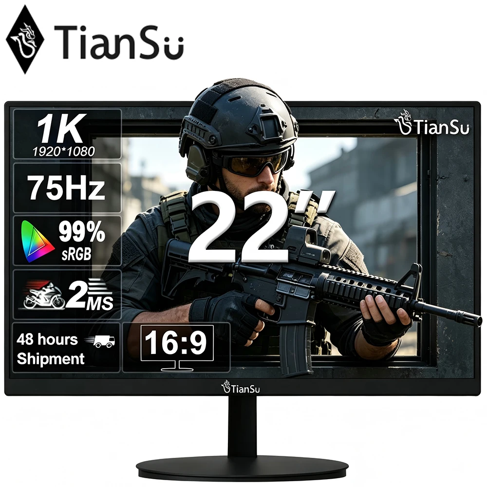 Tiansu 22-Inch Monitor FHD 1080P 75Hz Full HD Display Budget Screen for Home and Office Use