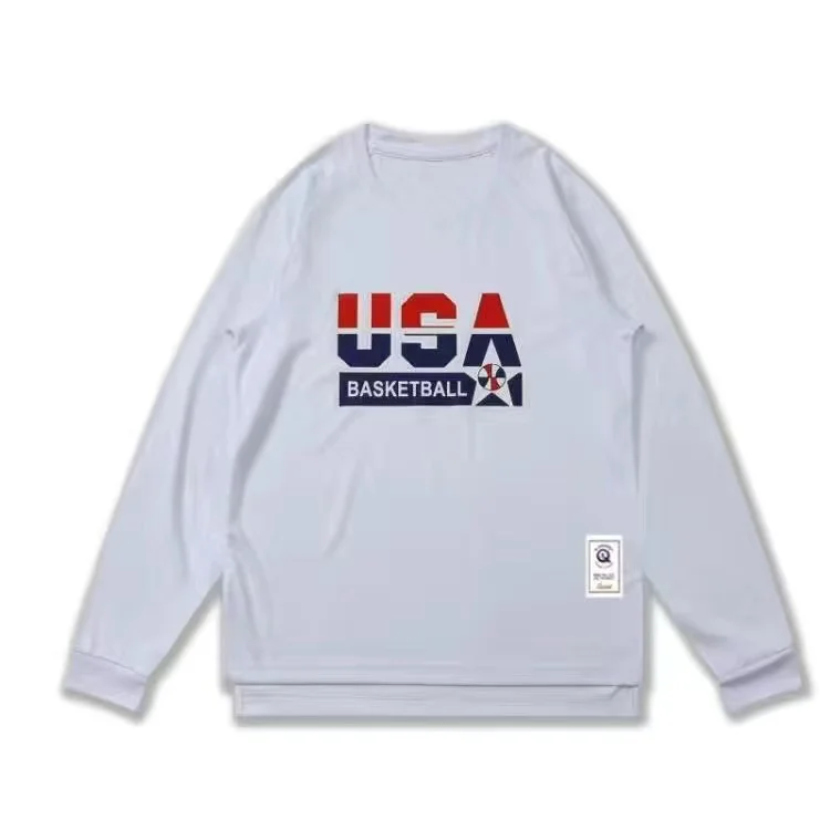 USA Men Tshirt Basketball Print Long Sleeve Shoot Training Fitness Sports Tee T-shirt Tops Breathable Elastic Varsity Pullover