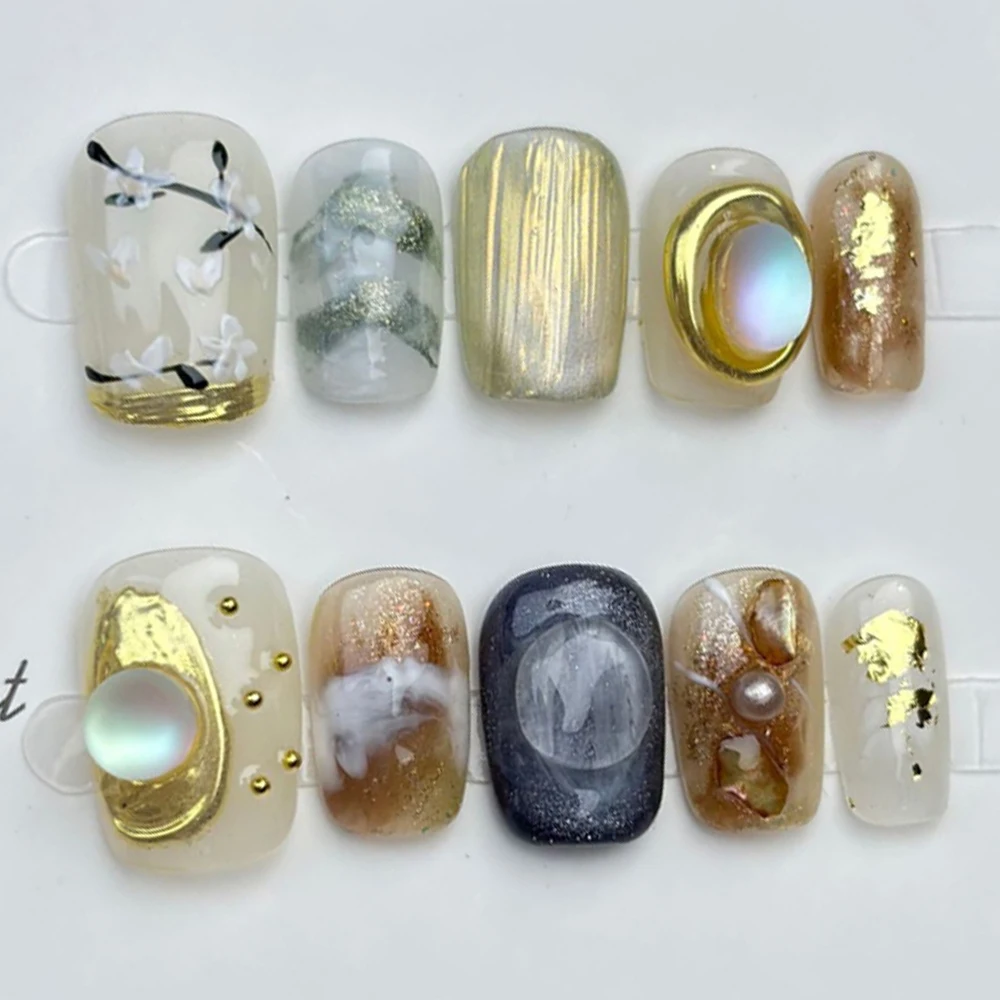 Unghie finte di alta qualità, dolci e fresche, rimovibili, con copertura completa, fiori di perle 3D, sfera in acciaio, design bowknot, unghie finte rotonde quadrate corte