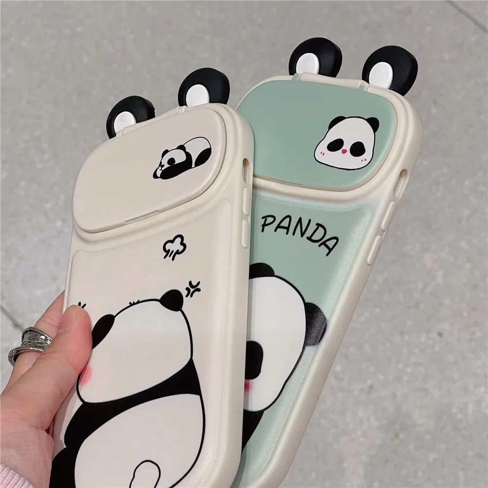 3D Korea Funny Panda Retro Antenna Camera Protective Phone Case For iPhone 15 14 14Pro 12 12Pro 13 11Pro Max Makeup Mirror Cover