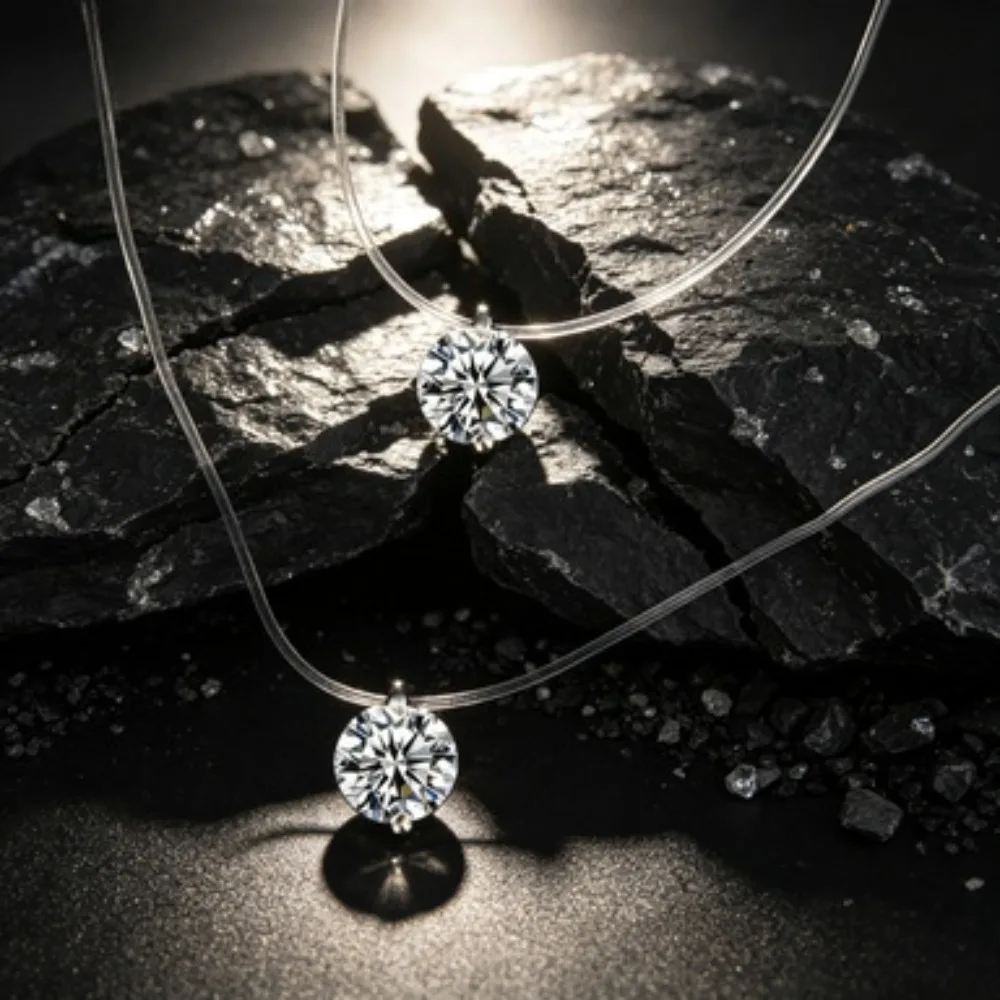 Simple Round Single Rhinestones Pendant Necklaces for Women Transparent Fishing Line Short Chokers Party Neck Jewelry