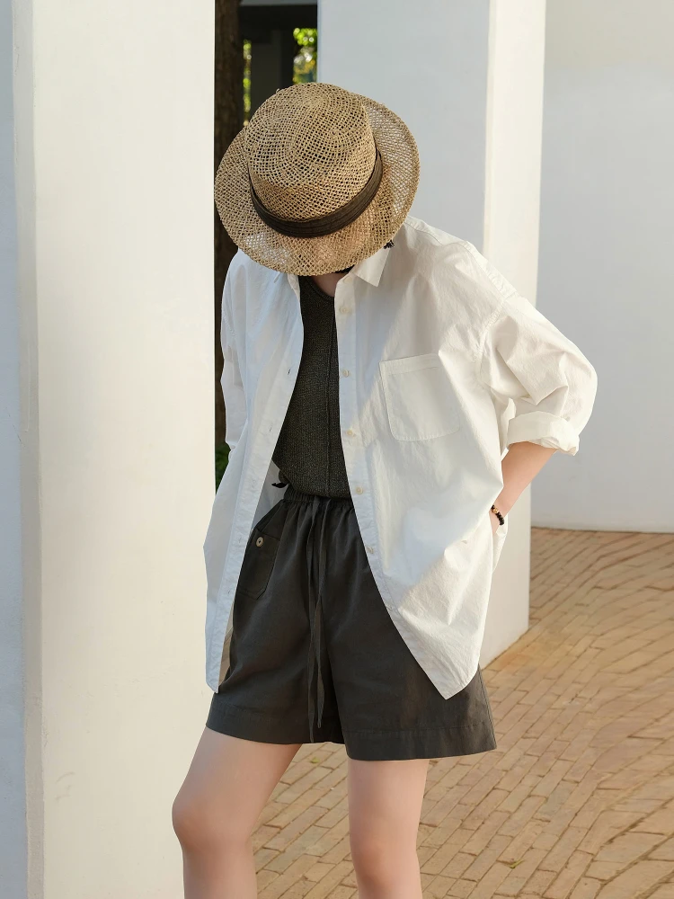 

Свободная повседневная хлопковая рубашка оригинального дизайна для женщин, с маленьким воротником, свободного кроя, из хлопковой ткани с текстурой, 40 нитей на дюйм