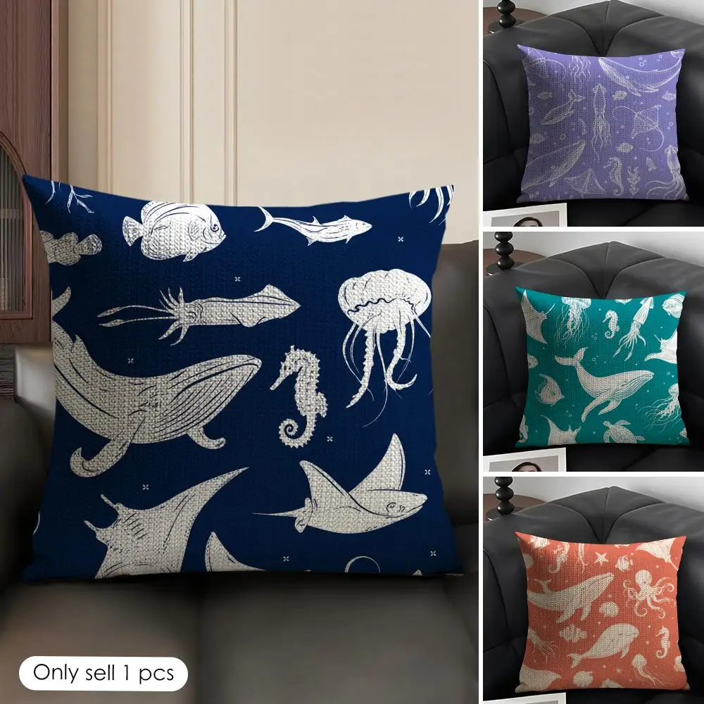Cushion Cover Marine Animals Breathable Linen Organic Fabric Double-Sided Printing Sofa Pillow Case Home Decor