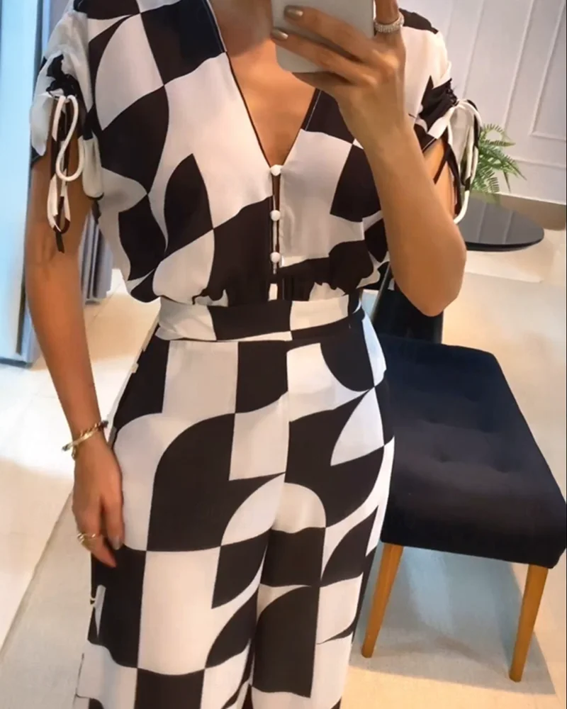 Women Black White Geometric Print Wide Leg Jumpsuits Short Sleeve Slim Fit Waist V-Neck Overalls Party Casual Outfits