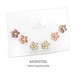 ASONSTEEL 3 Pairs/Lot Star Moon Flower Cubic Zirconia Stud Earrings Jewelry Set Gold Color Stainless Steel For Women New Design