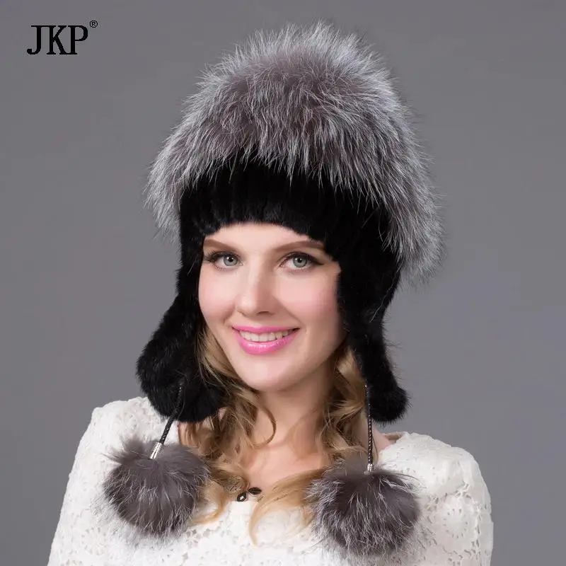 

Russia Winter Hats Women Genuine Natural Mink Fur Cap With Silver Fox Fur 2025 Lady's Fashion High-End Female Cap DHY-22