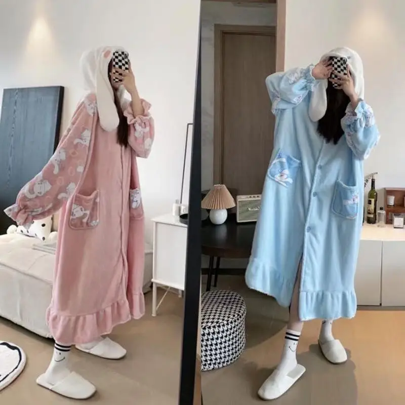 Cute Cinnamoroll Plush Nightgown Winter Women Long Style Plus Velvet Thicken Bathrobe Pajamas Dress Girly Soft Home Clothes Gift