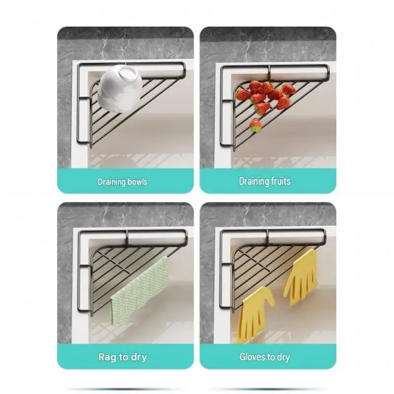 New Stainless Steel Sink Corner Rack Anti-rust Punch-free Dish Drying Rack Quick Water Drainage Hollowed Dishcloth Sponge Stand